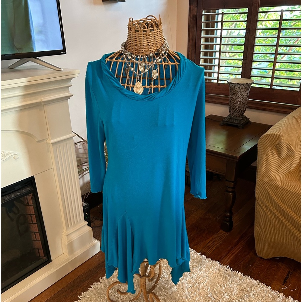 Kaktus festival tunic dress blouse aquamarine shark bite hem size large NWOT